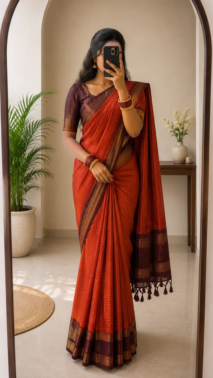 Rust Handloom Cotton Saree